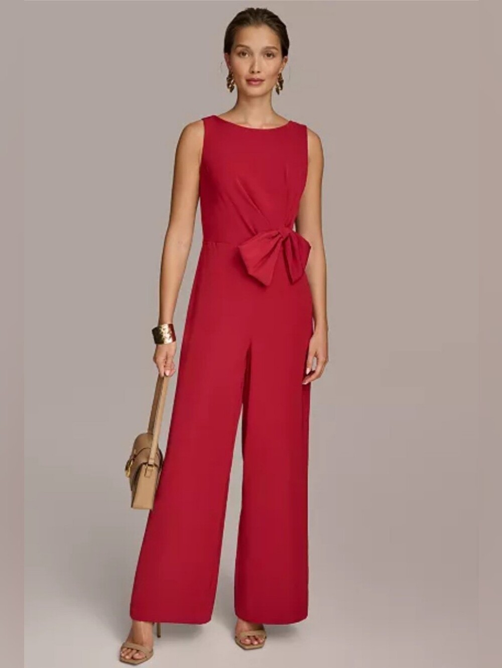 Donna Karan NY Sleeveless Bow Trim Straight Leg Jumpsuit: Color-Red: Size- 20W